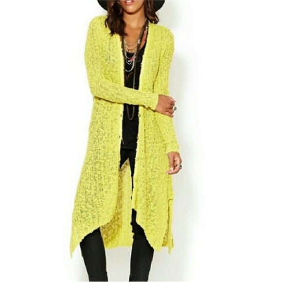 Free People Sweaters - Free People Long Duster Cardigan Cover Up Buttons Crochet Knit Yellow Gold Small